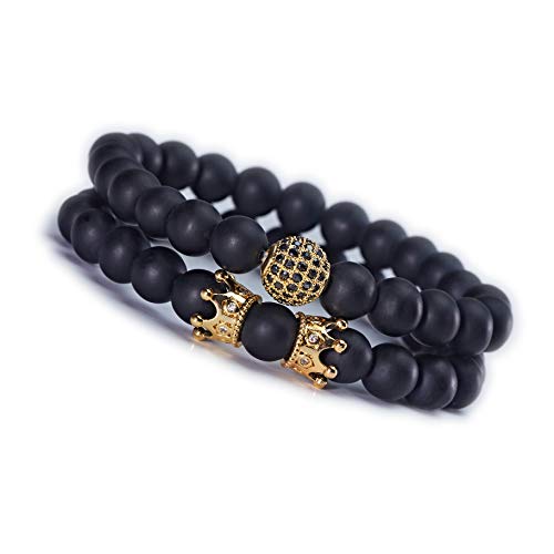 Lovastar 8mm Charm Beads Bracelet Set King Crown Luxury for Men Women Black Matte Onyx Natural Stone