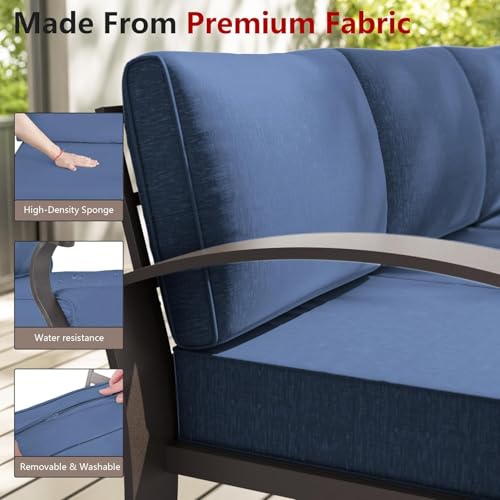 Image of Aluminum Patio Furniture Set with Fire Pit Table, 7 Seats Outdoor Patio Conversation Sets with Swivel Chair Modern Metal Sectional Sofa with Upgrade Cushions for Patio, Backyard - Blue
