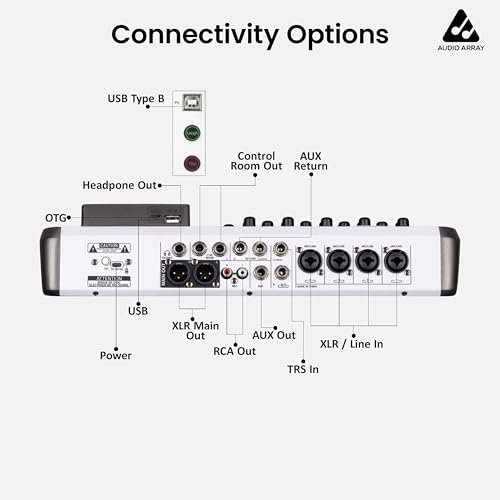 Image of Audio Array Sound Mixer | Audio Mixer 8 Channel Hybrid USB Mixing Console with BT 4 XLR Mic Inputs | 192kHz /24-Bit OTG Recording | 99 DSP Effects | Phantom Power | Hi-Z Support & USB-C Connectivity