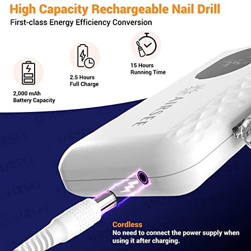 Airsee 35000 Rpm Professional Electric Rechargeable Nail Drill File Machine For Acrylic Extension Gel Dip Powder Powerful Cordless Portable Efile 56 Sanding Bands 7 Bits Lcd Scrn Salon Manicure Use #TOP2