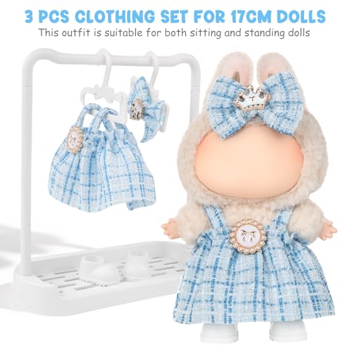 Clothes for LABUBU Doll (NO Doll) - 17cm Doll Clothes & Accessories Blue Dress Elegant Cute 3-Piece Outfit with Mini Hair Clip and White Shoes Clothing — view 3