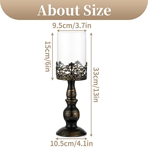 Sziqiqi Vintage Distressed Black Hurricane Candle Holders Set of 2, Versatile Metallic Pedestal Glass Floral Centerpiece Base for Wedding Party Home Fireplace Mantel Decoration 33cm/13in