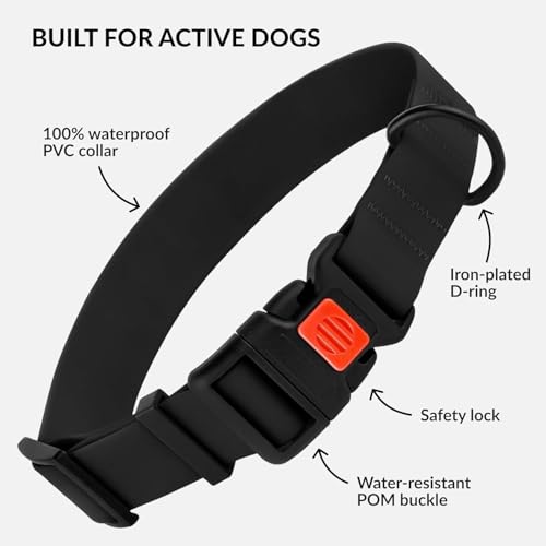 CollarDirect Wasserdichtes Hundehalsband Verstellbar – Silikon & Kunststoff, Geruchsresistent, Leicht zu Reinigen, Sicherheitsverschluss – für kleine, mittlere & große Hunde (Schwarz, L (35-45 cm))