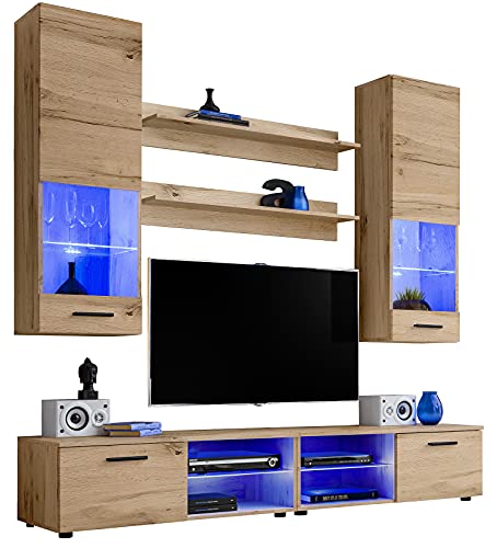 Extreme Furniture Vida Ensemble Meuble TV Mural de Salon | 2 vitrines suspendues, 2 étagères murales et 2 Meubles TV | LED | Pratique de Rangement |