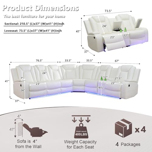 Image of Power Recliner Sectional Sofa Set, Living Room Furniture Sets, L-Shaped Recliner Sofa & Loveseat, Breathing Leather Sectional Reclining Couch with Cup Holders for Living Room