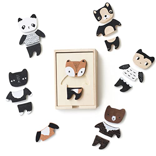 Image of Wee Gallery Mix and Match Animal Tiles - A Modern Wooden Toy for Travel, Playtime, Creative Play, Motor Skills, Puzzle Skills, with Wood Storage Box (Ages 2 and up)