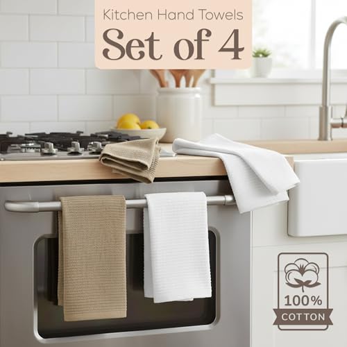 Image of Kitchen Hand Towels Set of 4 Cotton Ribbed Taupe and White Hand Towels, 18 x 28 Super Absorbent Drying Cloth Kitchen Linens