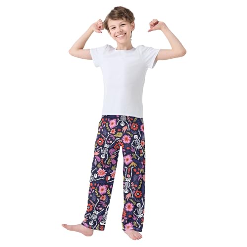 Skeleton Wildflowers Boys Long Pants Soft Trousers Elastic Waist Kids Lounge Bottoms with Pockets S-XL2