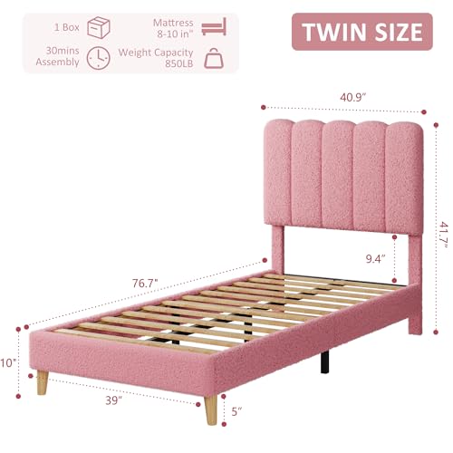 GarveeHome Twin Bed Frame, Boucle Upholstered Platform Bed with Wave Headboard for Girls/Kids, Easy Assembly, Wooden Slats Support, No Box Spring Needed, Light Pink