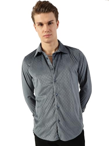 Image of Thomas Scott Men's | Solid | Textured Fabric | Full Sleeve | Slim Fit | Polyester-Blend | Spread Collar | Casual Shirt