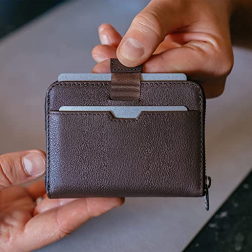 Image of Vaultskin Minimalist Leather Zipper Wallet. Small RFID-Blocking Multi-Card Holder with Coin Compartment MAYFAIR, Brown, Small Zipper Wallet With Rfid Blocking