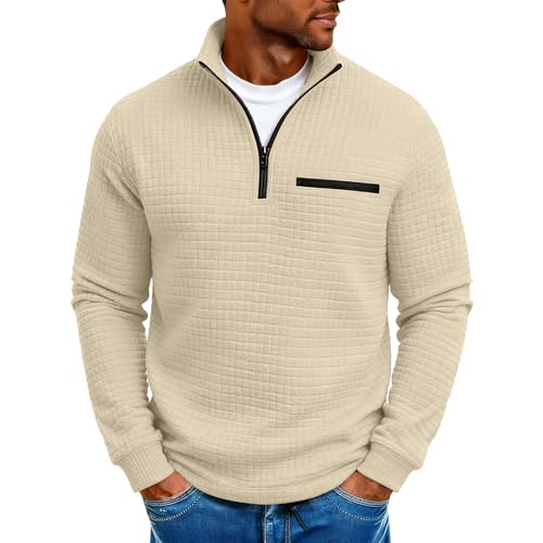 Mens Quarter Zip Pullover Casual Outdoor Stand Collar Pullover Mock Neck Long Sleeve Shirts Fashion Textured Tops, Beige, Large