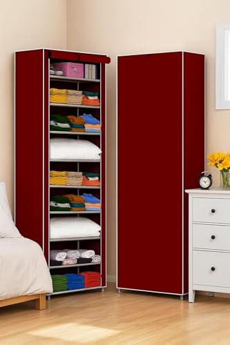 Image of Gevoli Multipurpose Collapsible Wardrobe Cabinet | Foldable Fabric Organizer with 6-9 Shelves | Portable Clothes Storage Rack for Bedroom, Home & Office (9, Maroon)
