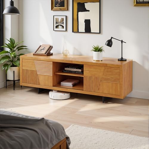 Image of Bme Trapeze TV Stand for Living Room - Wooden Media Console with Storage, Metal Legs, Large Teak Brown TV Stand for Stylish Home Entertainment Setup