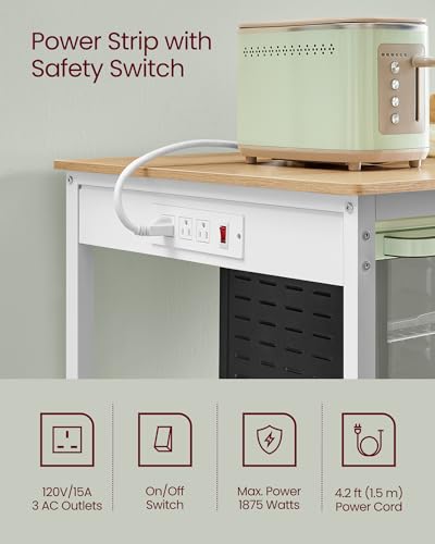 Image of VASAGLE Kitchen Island with 3 Shelves, Kitchen Shelf with Power Strip, 23.6 x 47.2 x 34.9 Inches, Large Worktop, Steel Structure, Industrial, Easy to Assemble, Oak Color and White UKKI101Y01