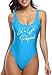 MIAIULIA Women's Retro 80s/90s Inspired High Cut Low Back Padding One Piece Swimwear Bathing Suits White Letter Large