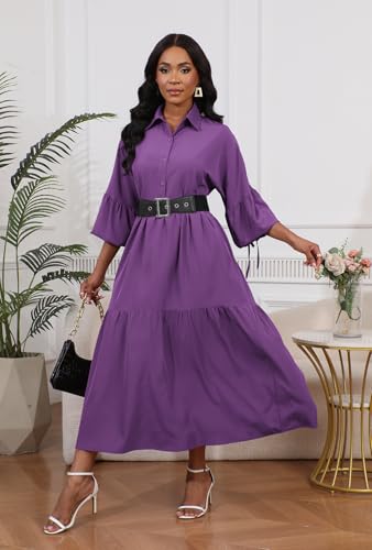 Image of Women's Long Sleeve Maxi Shirt Dress Elegant Button Down Loose Swing Party Dress