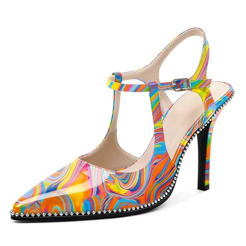 Image of SAMMITOP Womens High Heels Ankle Strap Pointed Toe Stilettos Patent Leather Beaded Pumps Dress Shoes 3.5 Inch