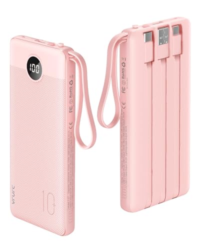 VRURC Portable Charger, 22.5W Fast Charging Power Bank Built‑in 4 Cables, 10000mAh Slim Lightweight Travel Battery Pack for iPhone, Samsung & Multi Devices, Pocket‑Friendly with Lanyard-Pink(1 Pack)