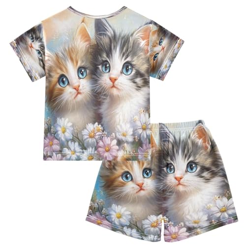 ALAZA Cute Cat Flower Blossom Floral Pajamas Set Short Sleeve Cotton Sleepwear Summer Pjs 2 Piece 5-14Y2