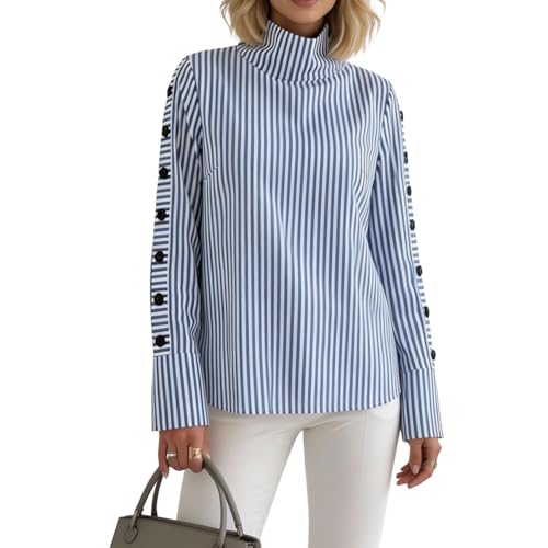 XNC Womens Long Sleeve Shirts High Neck Blue Striped Casual Pullover Tops Button Blouse 2026 Spring Summer Fashion Outfits