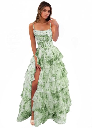 YCXRQI Corset Floral Sage Green Prom Dresses 2026 Spaghetti Straps Long Chiffon Formal Evening Gown...