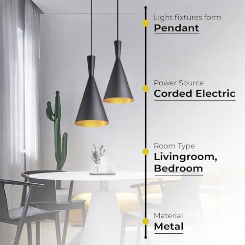 Image of Lexton Antique Single Head Metal Cone Shade Pendant Light | for Bedroom, Kitchen, Restaurant, Indoor Outdoor or Home Decoration (Black, Pack of 2) (Bulb Not Included)