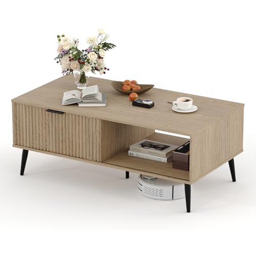 Coffee Table with Storage, Wooden Coffee Tables with Sliding Door and Solid Wood Legs, 2-Tier Cocktail Table, Mid Century Modern Coffee Table for Living Room, Home Office, Farmhouse, Natural