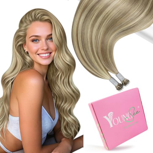 YoungSee Nano Extensions Human Hair Highlight Light Brown and Platinum Blonde Nano Beads Hair Extensions Human Hair Light Brown Nano-Tip Remy Hair Extension for Daily Use 14 Inch 50 Strands 50g