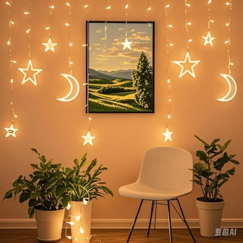 xfbbchh LED Starry Moon Light String Small Colored Light Starry Moon Curtain Light Outdoor Camping Courtyard Decorative Light (Star and Moon)