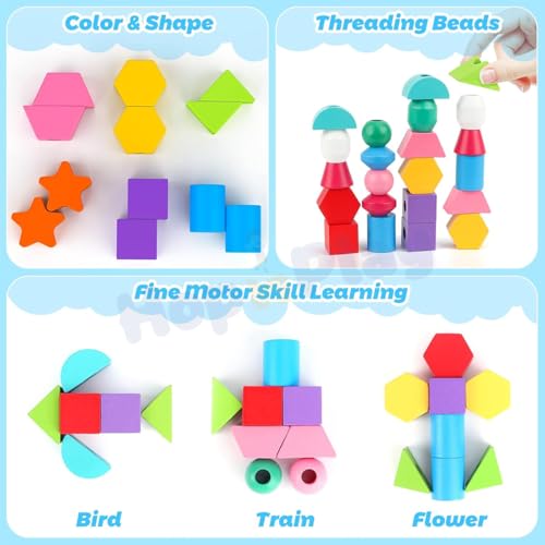 Image of Hop N Play Wooden Beads Sequencing Toy Set | Montessori Lacing & Stacking Toy for Kids 2-5 | Color & Shape Matching Beads Game for Kids | 22 Pcs Blocks and 10 pcs Cards