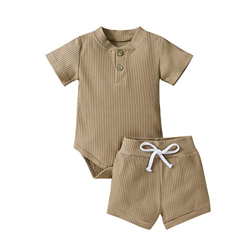 Image of Ledy Champswiin Summer Newborn Baby Boy Girl Clothes Set Ribbed Outfits Unisex Infant Solid Short Sleeve Tops Shorts 2PCS