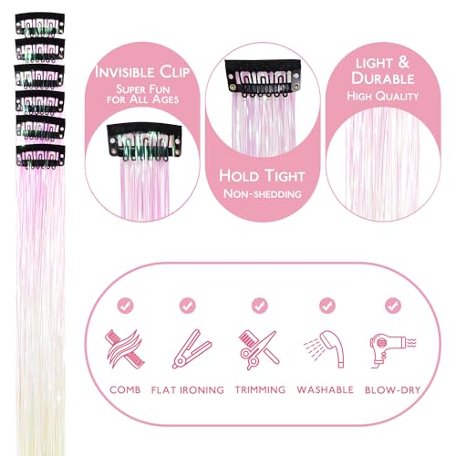 Image of WENNALIFE Hair Tinsel Clip In for Girls Bright White, 6pcs 24 inch Clips Tinsel Hair Extensions Clip in Colorful Glitter Clips Sparkle Fairy