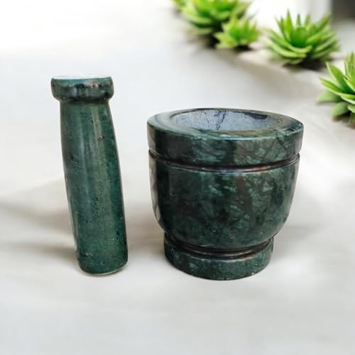 Image of Boat Shape Marble Mortar and Pestle Set Stone, Khalbatta, Kharal, Okhli, Musal Kitchen Tool For Crushing Grinding Blending (Imamdasta-Green-4-Inch)