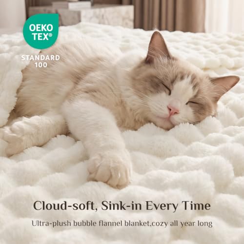 Image of BEDELITE Cream White 3D Fleece Bubble Throw Blanket for Couch, 50x60 Inches | Fluffy Blanket for Sofa Bed Dorm Room Decor, Luxury Soft Warm Cozy Plush Fuzzy Throw Blankets Gift for Women, Lightweight