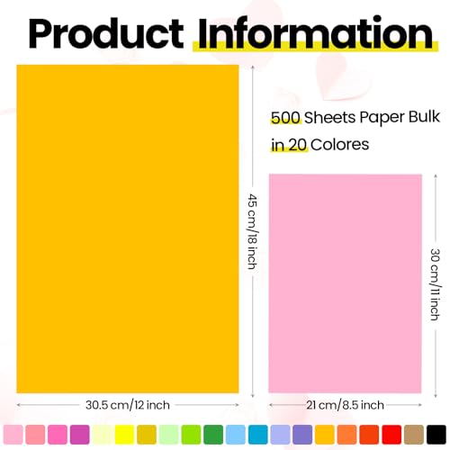 Yeaqee 500 folhas de papel de construção colorido a granel 21 x 28 cm e 30 x 45 cm papel de construç