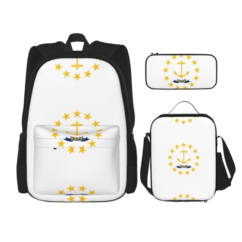 Rhode Island State Flag Print 3 Piece Set Backpack, Lunch Bag, Pencil Case, Cute Sturdy For College And Travel