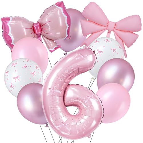 Zailo 32 Inch Bow Balloons, Light Pink White Clear Pastel Balloons for Girls Princess Baby Birthday Party Bow Theme Wedding Bachelorette Party Bride Engagement Anniversary Baby (Number 6)