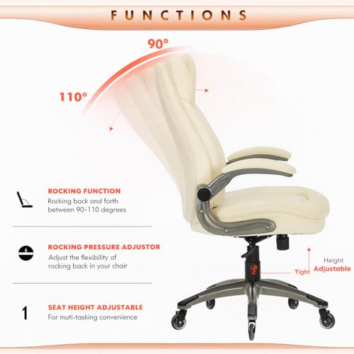 Image of COLAMY Ergonomic High Back Office Chair, Ivory Bonded Leather Executive Desk Chair with Flip-up Arms, Thick Cushion, Silent Nylon Wheels, Adjustable Height & Rocking Function, 300lbs Capacity