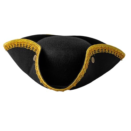 Black Vintage Pirate Hat-Gold Trimmed Tricorn for Women and man，Revolutionary History Theme, Birthday and Halloween Party Decoration