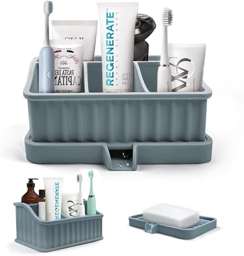 YelaJoy Toothbrush Holders for Bathrooms 5 Slots Electric Toothbrush and Toothpaste Holder Soap Dish with Drainage Detachable Toothbrush Holder Bathroom Counter Organizer for Vanity Office (Blue)