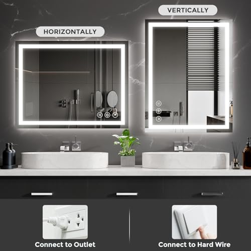 Image of Koonmi 36x28 LED Bathroom Mirror with Light, Anti-Fog, 3 Colors | Backlit + Front Lit, Dimmable Brightness, Shatterproof HD Distortion-Free Tempered Glass, Hardware Included