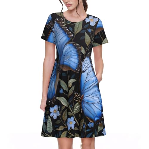 Robe d'ete pour femme avec manches courtes et motifs papillons bleus