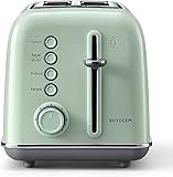BUYDEEM DT620E Tostadora de Pan 2 Rebanadas de Ranuras Anchas, Tostador Vintage de Acero Inoxidable de 7 Niveles, Función de Calentamiento y Descongelación, Recolector de Basura Extraíble (Green)