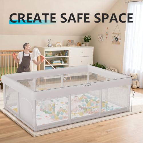 Image of Hiaksedt Baby Playpen 74x50 in PlayPen for Babies and Toddlers, Large Play Yards for Indoor & Outdoor with Zipper Gates, Breathable Mesh with Mat