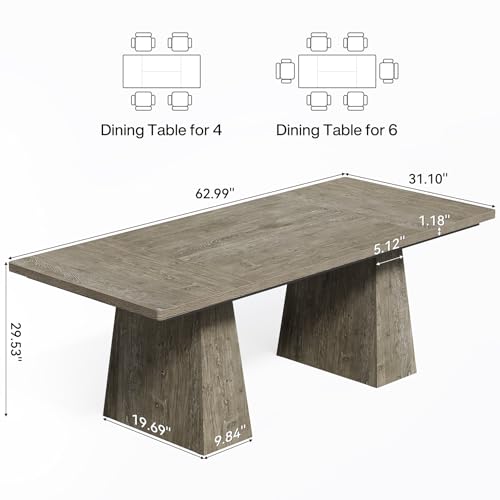 Image of LITTLE TREE Dining Table for 6 People, Wooden Table, Rectangle Furniture with Heavy Duty Legs, Modern Kitchen Table for Home, Dining Room, Grey