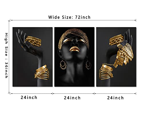 3 Piece Wall Art For Living Room, African American Woman Canvas Wall Art Fashion Black Women Painting Gold Jewelry Necklace Bracelet Pictures Prints Artwork For Bedroom Home Decor Framed 24"Wx36"H X3 #TOP4