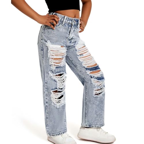 Girls Ripped Jeans Trendy Distressed Washed Elastic Waist Wide Leg Denim Pants Cute Summer Trousers Y2K Streetwear 8-13Years2