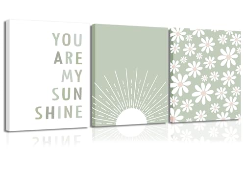 Image of yulihaz You Are My Sunshine Wall Art Sage Green Boho Bedroom Decor Nursery Flower Canvas Painting Poster Prints Bohemian Girl Baby Kids Pictures for Bedroom Living Room Framed 12x16 inch