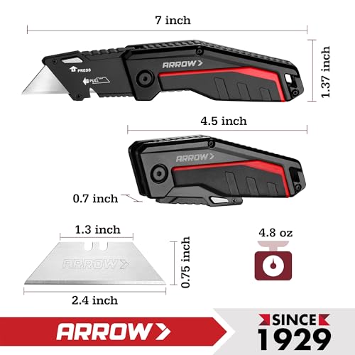 Image of ARROW Folding Utility Knife, Quick-Change Box Cutter with Belt Clip, Liner Lock, Heavy Duty Aluminum Razor Knife with Comfortable Handle, 10 Extra SK2 Blades Included (Pack of 2)